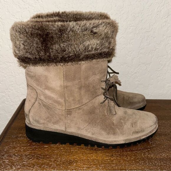 Stuart Weitzman Sockette Suede Leather Faux Fur Wedge Boot Shoes - Picture 4 of 12